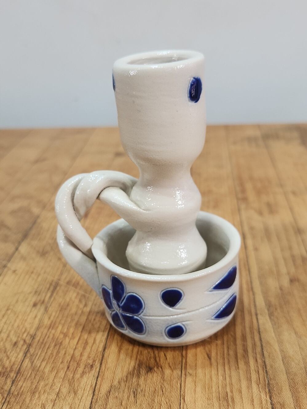 Vintage Blue White Studio Pottery Chamberstick Candle Holder Handmade Floral